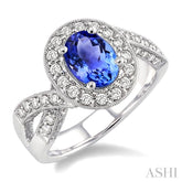 8x6 MM Oval Cut Tanzanite and 3/4 Ctw Round Cut Diamond Precious Ring in 14K White Gold